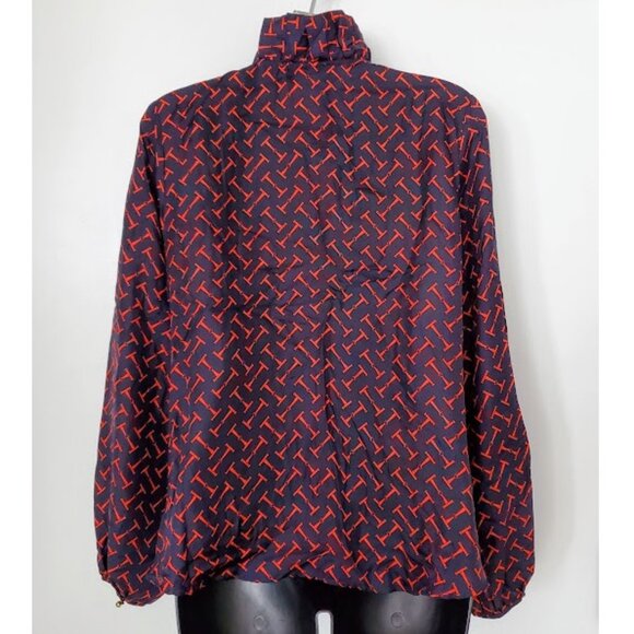 Elizabeth McKay Silk Ruffle Blouse Navy/Red Equestrian Chic T-Bar Print Top Sz 6 - Picture 2 of 13